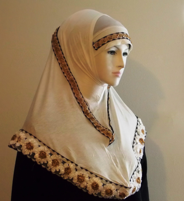 Beige long  Floral style 2 Piece Hijab 7